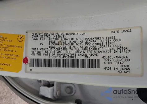 2003 Lexus Rx 300 z USA, uszkodzony, nr VIN JTJGF10U430156291